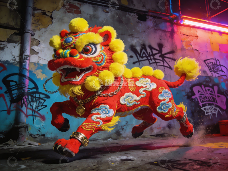 高清大图下载【趣麦麦图】街头舞狮表演充满活力