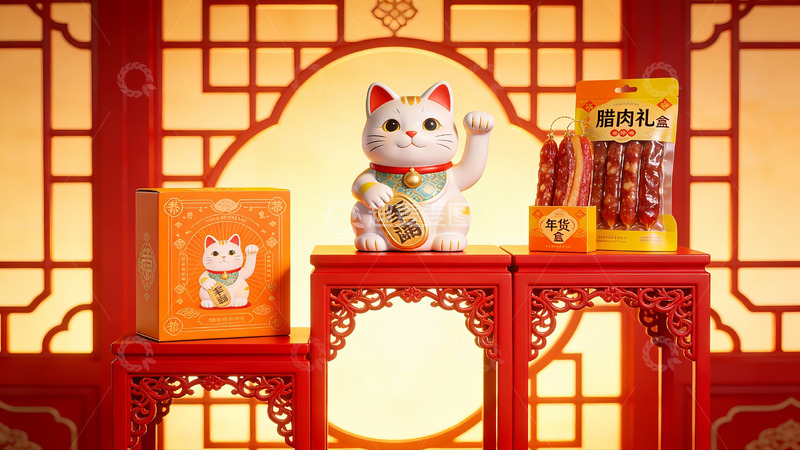 高清大图下载【趣麦麦图】招财猫与腊肉礼盒陈列