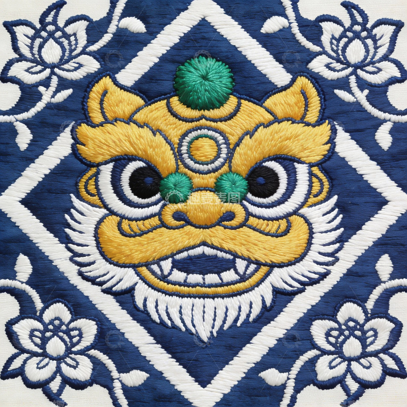 高清大图下载【趣麦麦图】精美蓝色底绣狮头图案