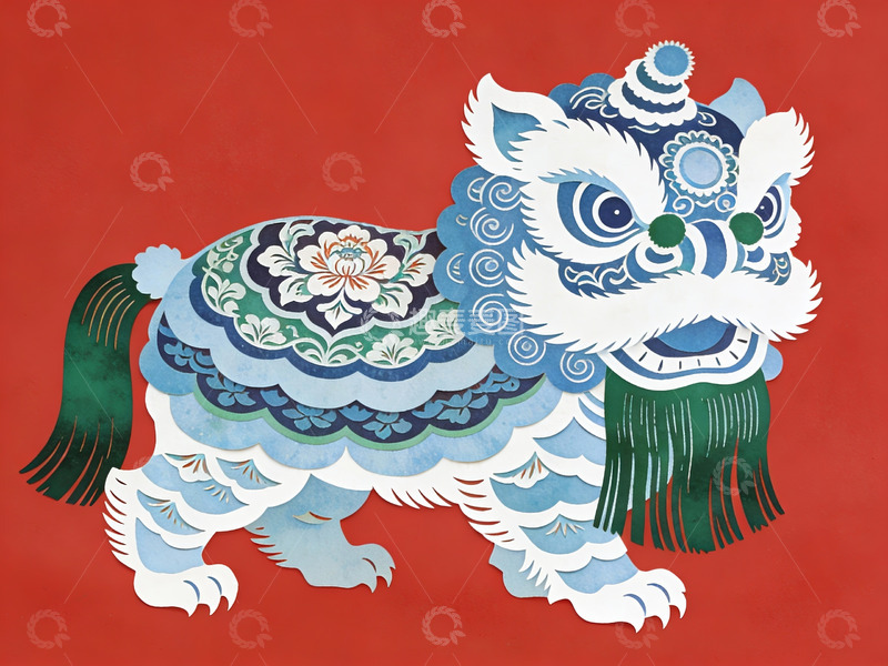 高清大图下载【趣麦麦图】红色背景上的蓝色舞狮剪纸艺术