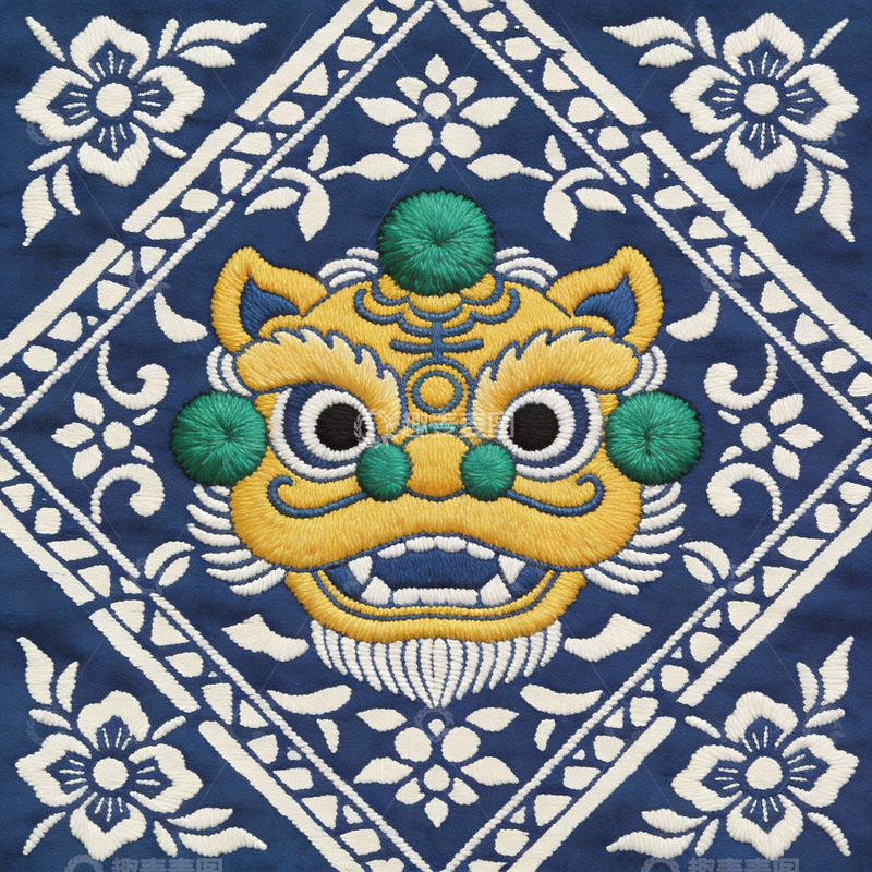 高清大图下载【趣麦麦图】蓝色底绣狮头图案精美细腻