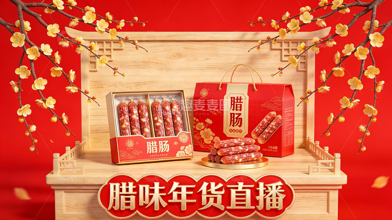 高清大图下载【趣麦麦图】腊味年货直播宣传图