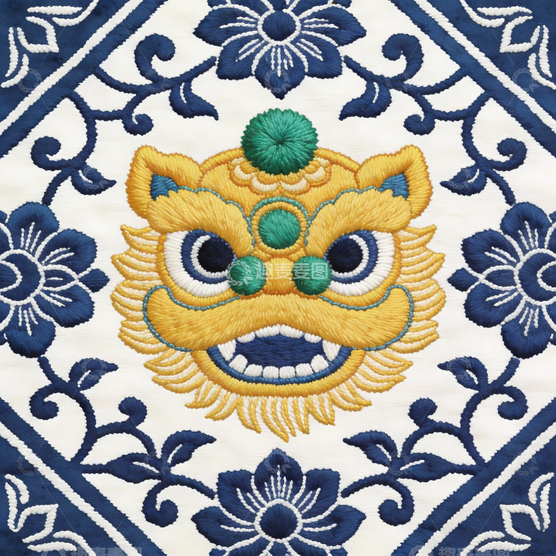 高清大图下载【趣麦麦图】精美刺绣狮子头图案