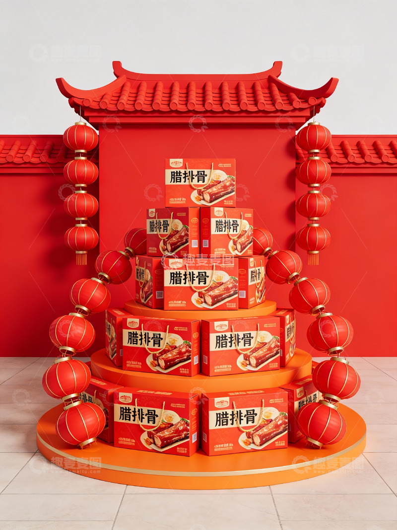 高清大图下载【趣麦麦图】腊排骨礼盒堆叠展示