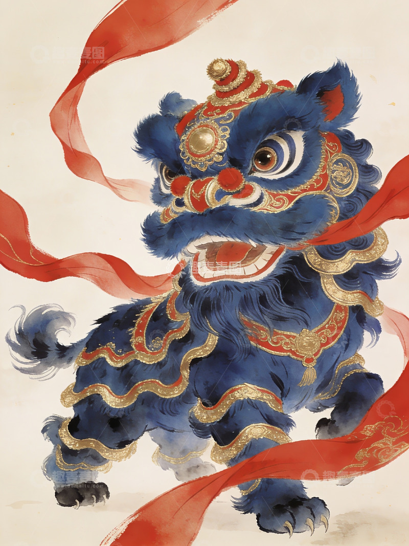 高清大图下载【趣麦麦图】蓝色舞狮彩带飘扬生动形象