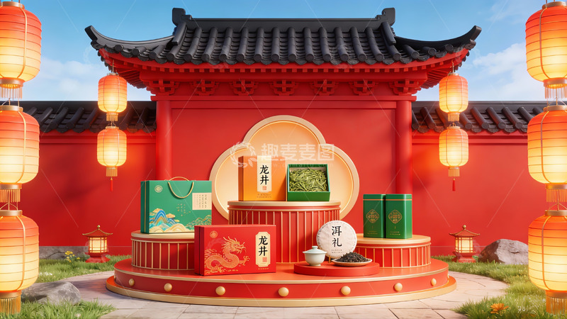 高清大图下载【趣麦麦图】传统建筑前的节日礼品展示