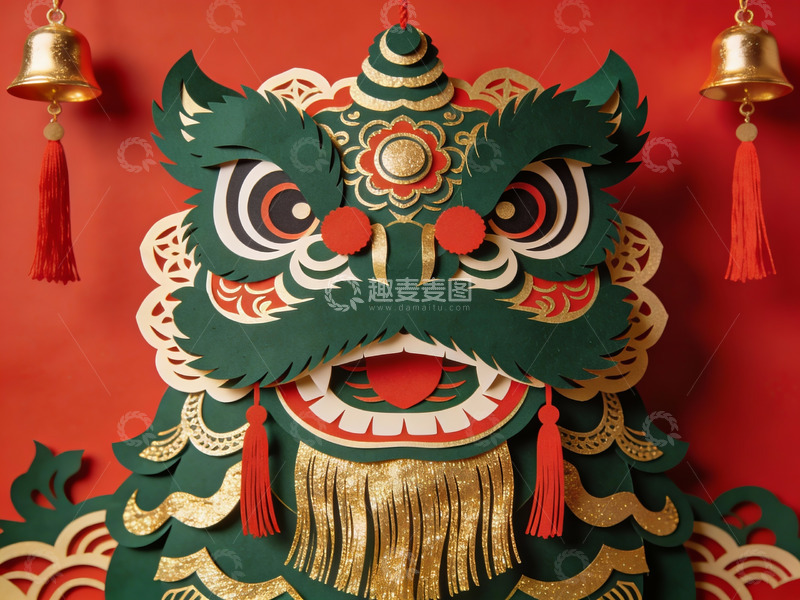 高清大图下载【趣麦麦图】红色背景下的绿色舞狮剪纸艺术