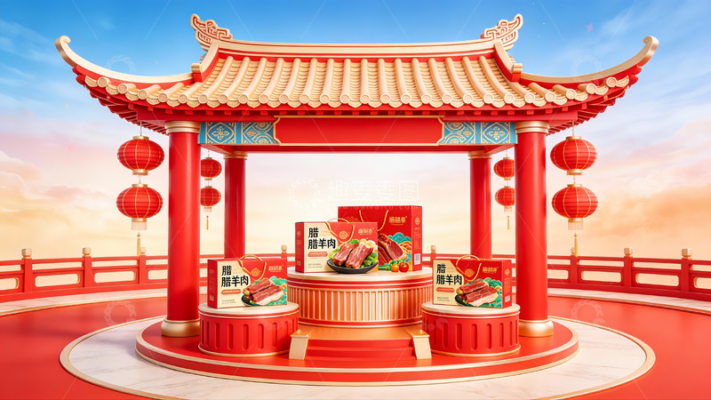 高清大图下载【趣麦麦图】中式亭台展示美食场景