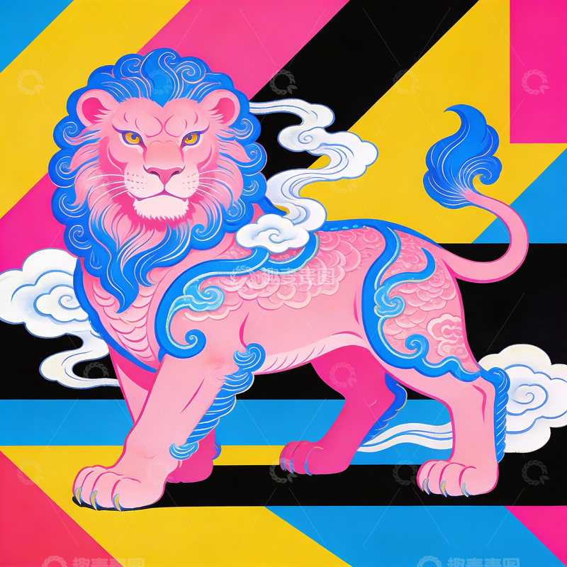 高清大图下载【趣麦麦图】色彩斑斓的粉色狮子艺术画