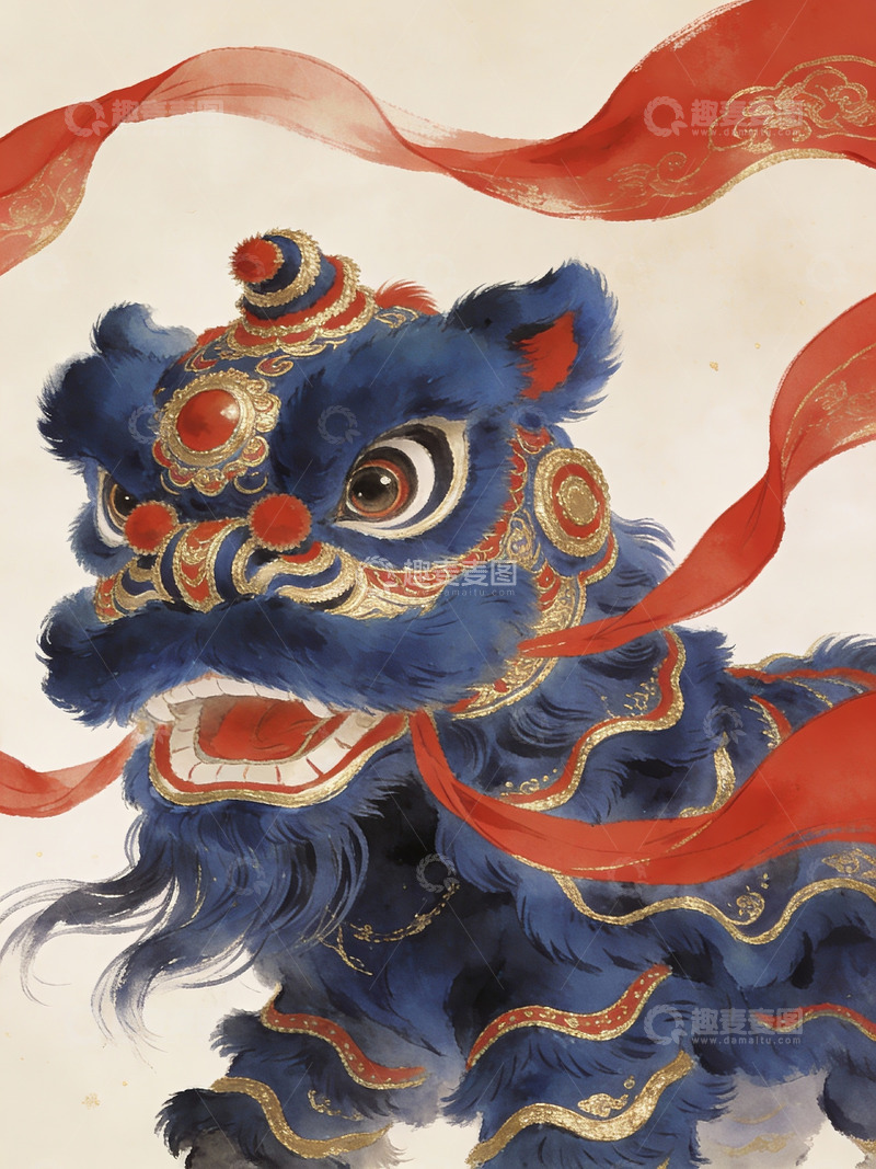 高清大图下载【趣麦麦图】蓝色舞狮头绘图细节展示