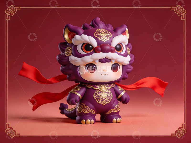 高清大图下载【趣麦麦图】紫色舞狮玩偶红色飘带