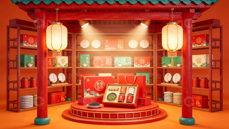 高清大图下载【趣麦麦图】中式礼盒陈列展示场景