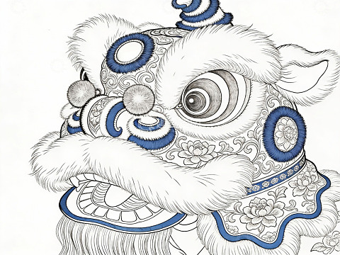 中国传统舞狮头像艺术插画