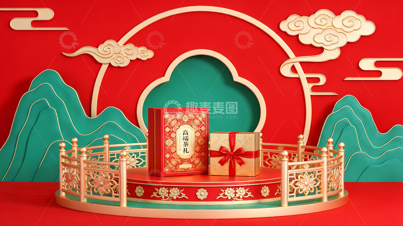 高清大图下载【趣麦麦图】中式节日礼盒展示场景