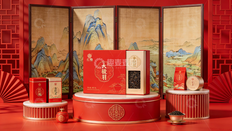 高清大图下载【趣麦麦图】-红色礼盒茶品陈列展示