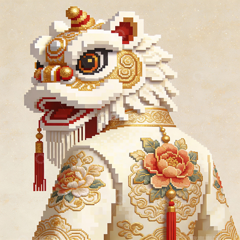 高清大图下载【趣麦麦图】像素风格舞狮服饰细节特写