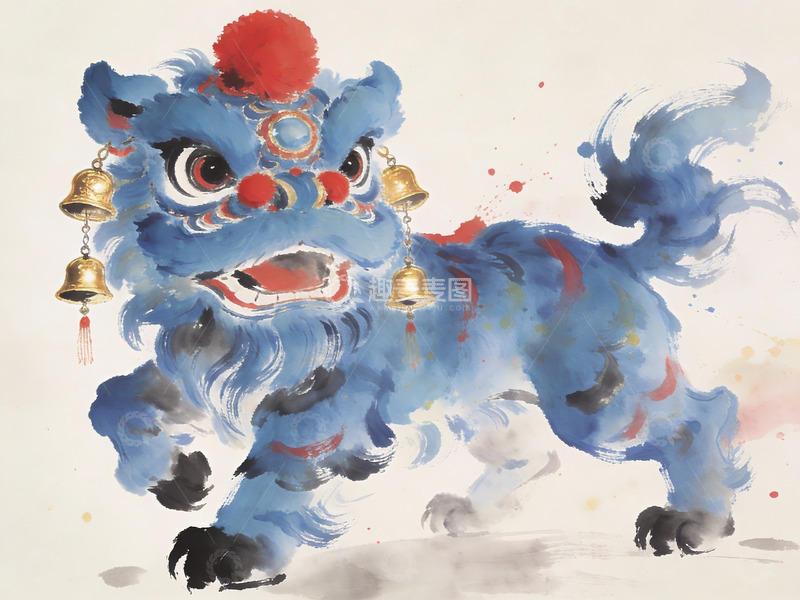高清大图下载【趣麦麦图】蓝色舞狮画作展现传统艺术魅力