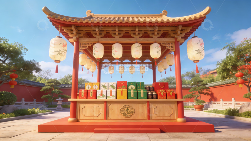 高清大图下载【趣麦麦图】传统中式亭台与节日装饰