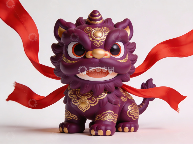 高清大图下载【趣麦麦图】紫色舞狮摆件配红色绸带