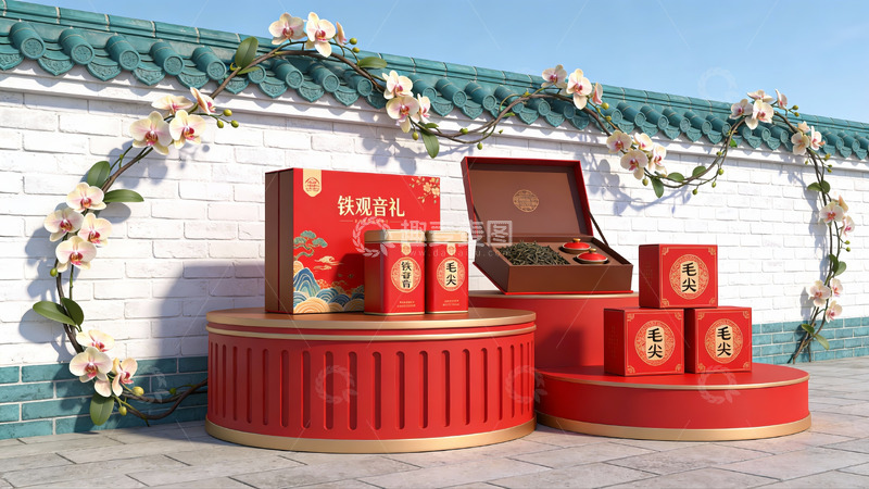 高清大图下载【趣麦麦图】红色礼盒陈列于庭院
