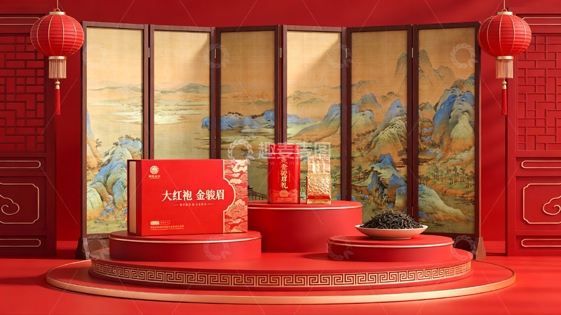 高清大图下载【趣麦麦图】红色主题茶礼展示场景