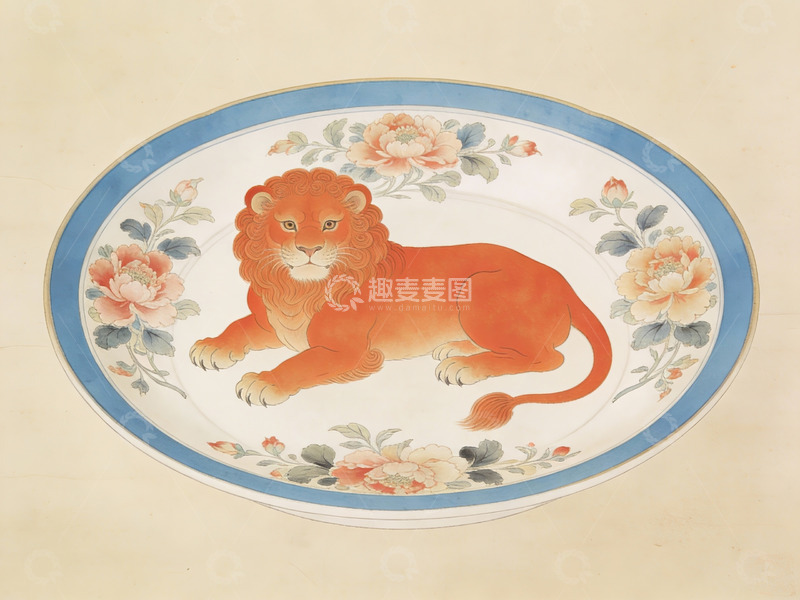 高清大图下载【趣麦麦图】精美彩绘狮子花盘图案