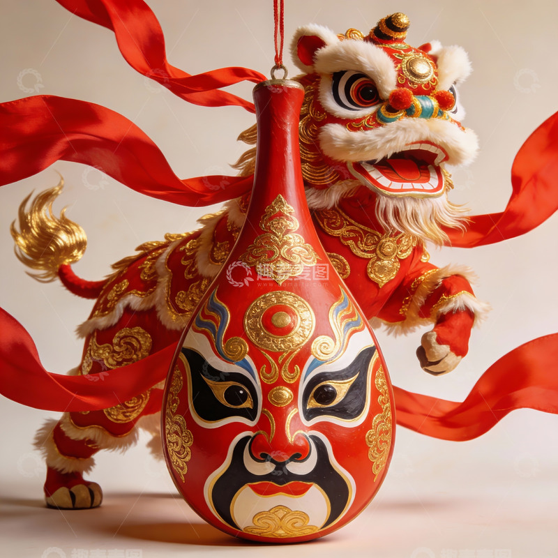 高清大图下载【趣麦麦图】红色舞狮面具与飘带装饰