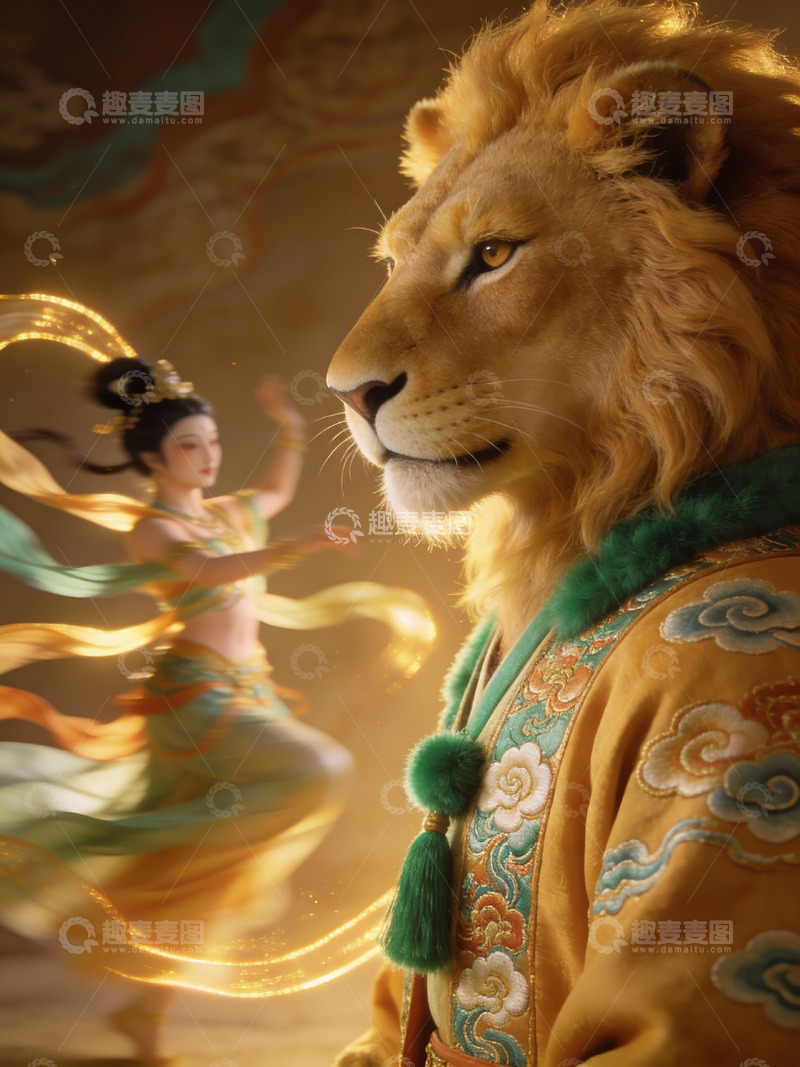 高清大图下载【趣麦麦图】古风舞者与威严雄狮同框