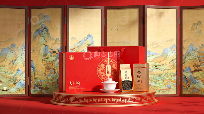 高清大图下载【趣麦麦图】红色礼盒茶品展示