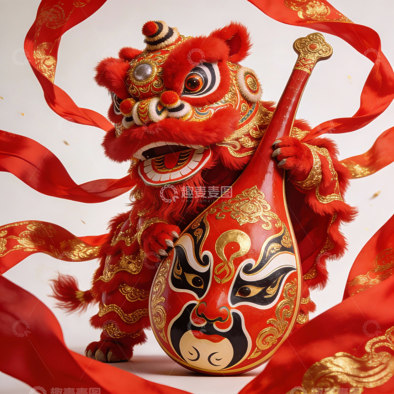 高清大图下载【趣麦麦图】红色舞狮手持脸谱道具