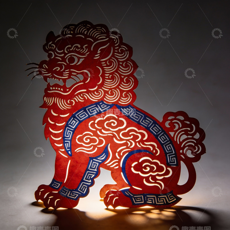 高清大图下载【趣麦麦图】红色剪纸狮子光影艺术