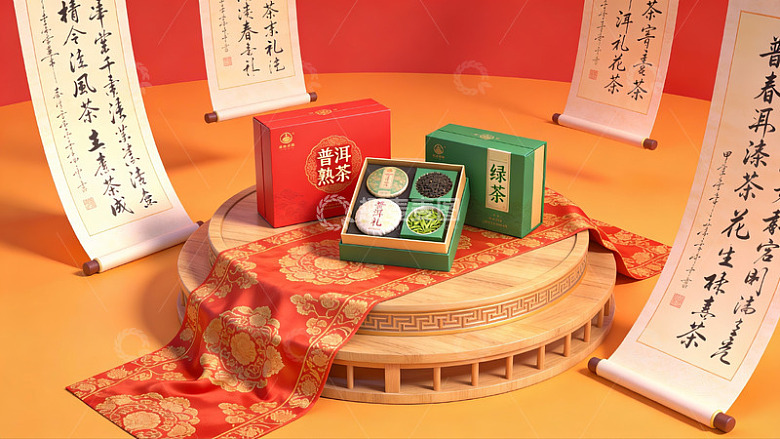 茶礼盒与书法卷轴展示