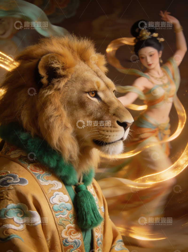 高清大图下载【趣麦麦图】古装舞者与狮首人身艺术形象