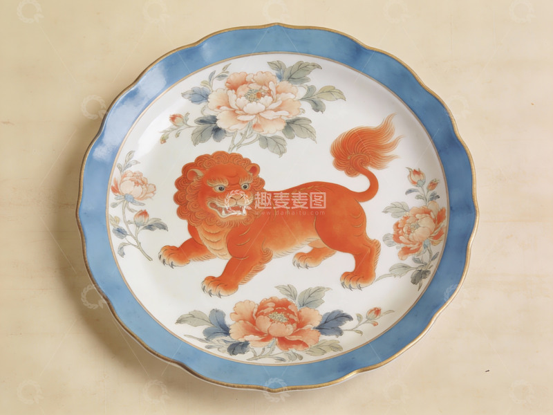 高清大图下载【趣麦麦图】精美彩绘狮子花卉瓷盘
