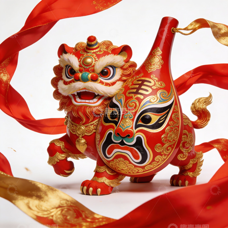 高清大图下载【趣麦麦图】红金相间的舞狮面具摆件
