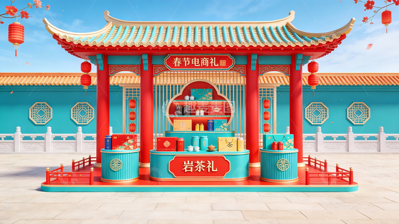 高清大图下载【趣麦麦图】春节主题茶礼售卖亭