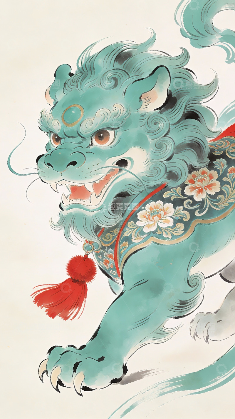 高清大图下载【趣麦麦图】青色瑞兽祥云图案绘画
