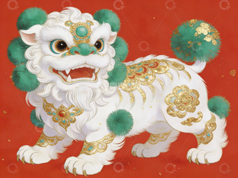 高清大图下载【趣麦麦图】红色背景下的白色舞狮图案