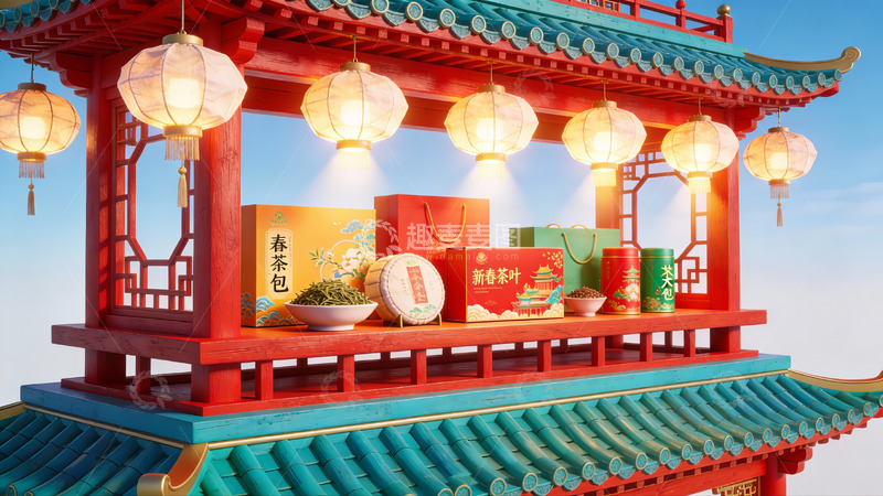 高清大图下载【趣麦麦图】传统亭台展示茶叶礼盒