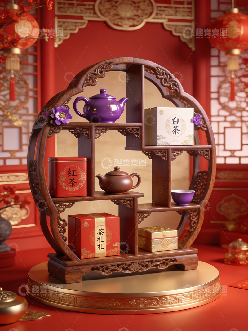 高清大图下载【趣麦麦图】中式茶具陈列架展示