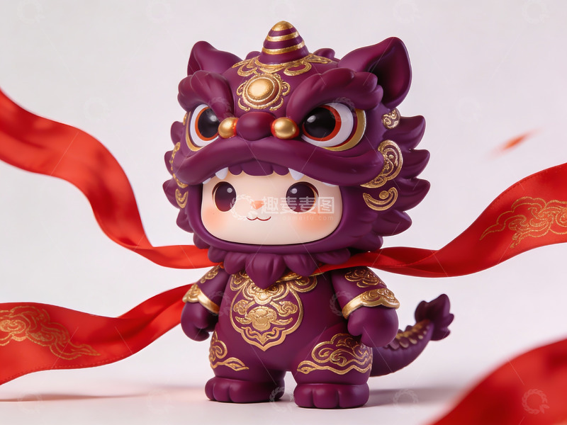 高清大图下载【趣麦麦图】紫色舞狮玩偶配红色飘带
