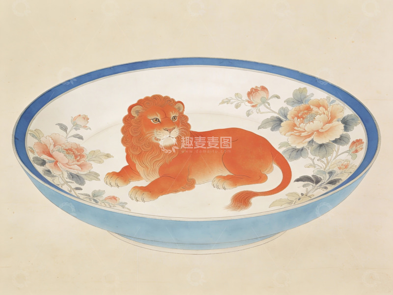 高清大图下载【趣麦麦图】瓷盘上的狮子与花卉图案