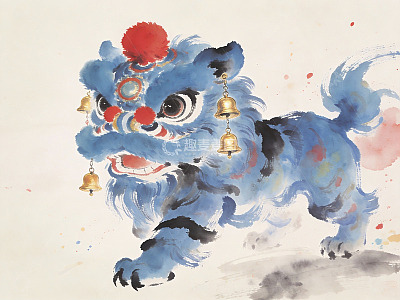 蓝色舞狮水墨画艺术作品