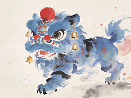 蓝色舞狮水墨画艺术作品