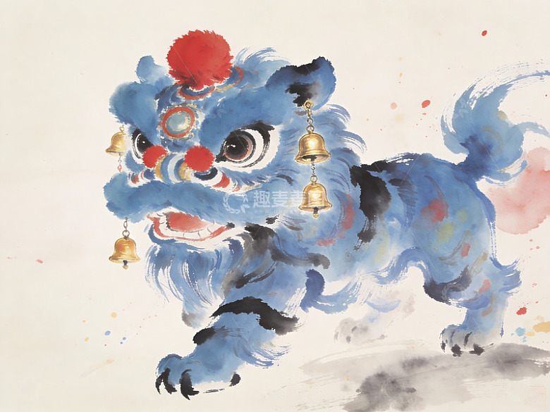 蓝色舞狮水墨画艺术作品
