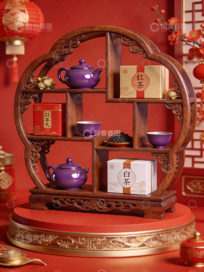 高清大图下载【趣麦麦图】中式茶具与茶叶礼盒陈列