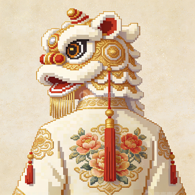 高清大图下载【趣麦麦图】像素风格舞狮服饰艺术图