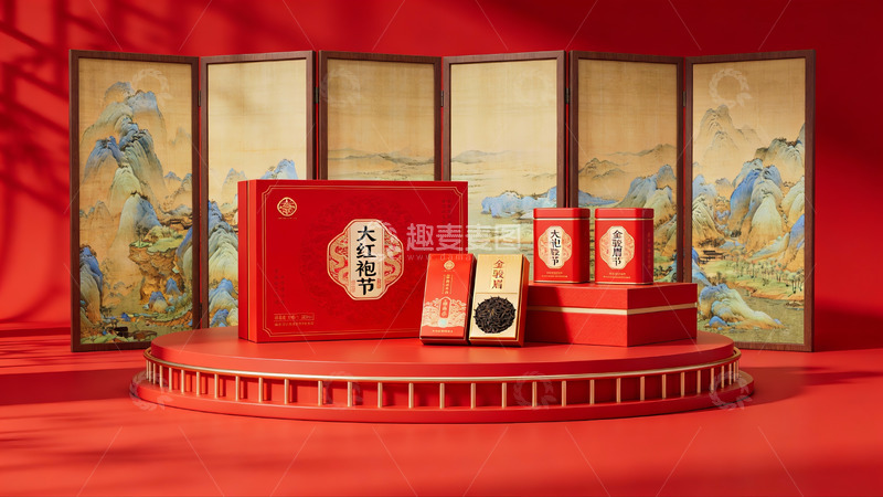 高清大图下载【趣麦麦图】红色礼盒陈列于传统屏风前
