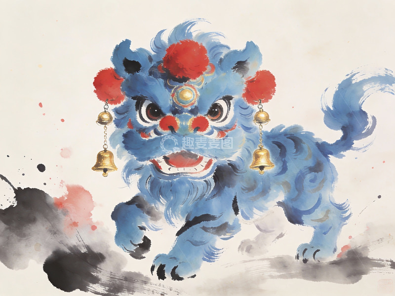 高清大图下载【趣麦麦图】蓝色舞狮水墨画艺术作品