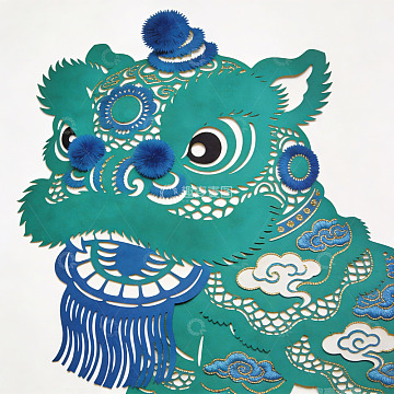 精美绿色舞狮剪纸艺术作品